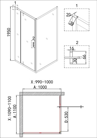 Душевое ограждение Niagara Nova NG-43-11AG-A100G (110х100х195) прямоугольник,золото,двери распашные,стекло прозрачное,2 места