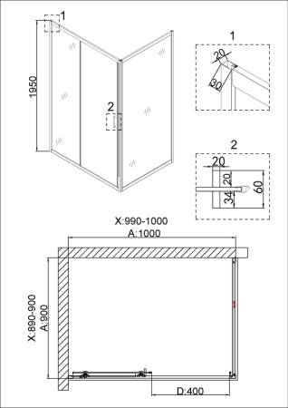 Душевое ограждение Niagara Nova NG-42-10AG-A90G (100х90х195) прямоугольник,золото,двери раздвижные,стекло прозрачное,2 места