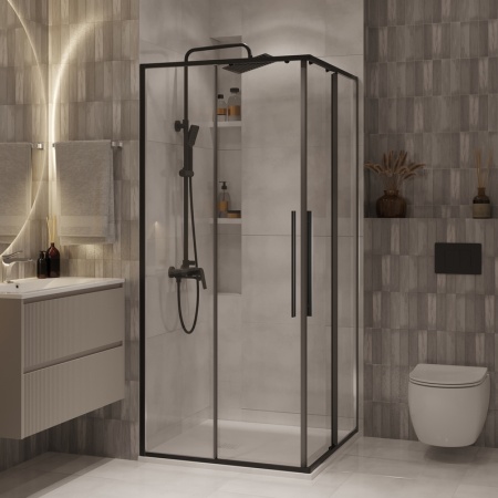 Душевое ограждение Niagara Nova NG-6824-34ВLACK (100х100х195) квадрат,черный матовый,двери раздвижные,стекло прозрачное,1 место