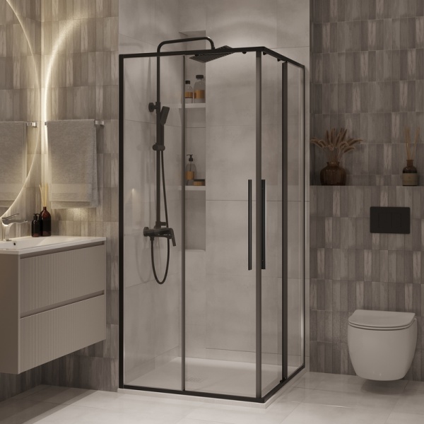 Душевое ограждение Niagara Nova NG-6824-34ВLACK (100х100х195) квадрат,черный матовый,двери раздвижные,стекло прозрачное,1 место