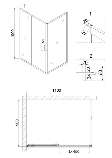 Душевое ограждение Niagara Nova NG-82-11AB-A90B 110x90x195 прямоугольник, дверь раздвижная