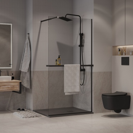 Душевая перегородка Niagara Nova NG-670-10ВLACK (100х195) черный матовый,стекло прозрачное,с полкой,1 место