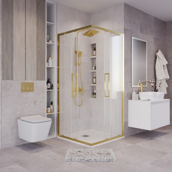 Душевое ограждение Grossman Cosmo 300.K33.02.9090.32.00 (90х90х195) квадрат,раздвижная,золото сатин,стекло прозрачное, 1 место