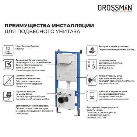 Комплект 3 в 1: Grossman инсталляция 900.K31.01.000+клавиша 700.K31.01.110.110 хром матовый+унитаз GR-4478BMS, 3 места