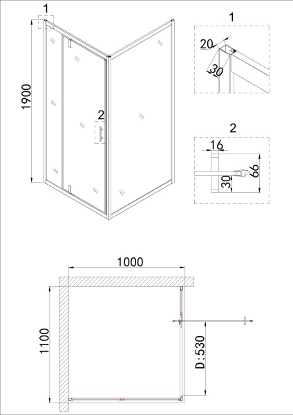 Душевое ограждение Niagara Nova NG-63-11A-A100 110x100x195 прямоугольник, дверь распашная