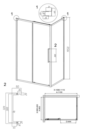 Душевое ограждение Grossman Cosmo 100.K33.02.110.42.00-200.K33.02.90.42.00 (110х90х195) раздвижная,графит сатин,стекло прозрачное,2 места