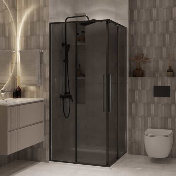 Душевое ограждение Niagara Nova NG-2823-34BLACK (90х90х195) квадрат,черный матовый,двери раздвижные,стекло тонированное,1 место
